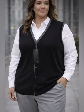 67 NWT Nicole Miller Black Knit Sweater Vest XXL Minimal Button Front Layering